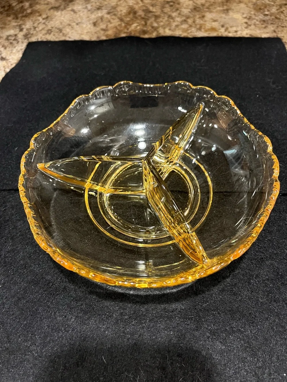 Vintage Indiana Glass Amber Scalloped Rim Divided Glass Relish Serving Dish